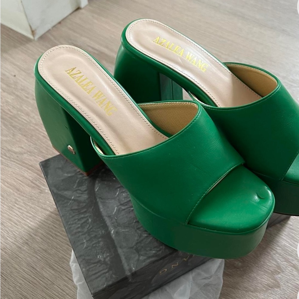 reposhing green platform mules heels